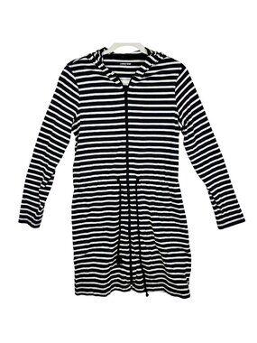 Lands End Womens Striped Hooded Dress S Black White Long Sleeve Drawstring Waist